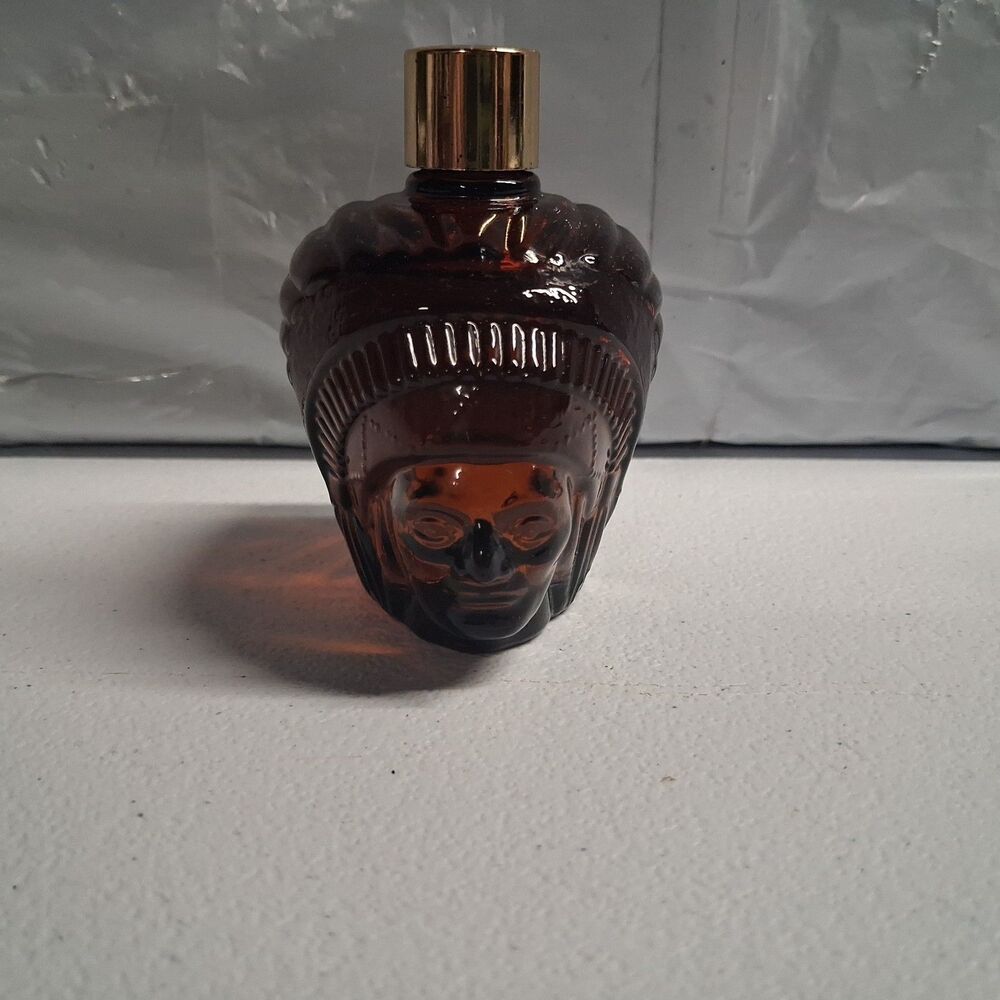 Vintage Avon Indian Chief Head Brown Glass Decanter Spicy After Shave (Full)